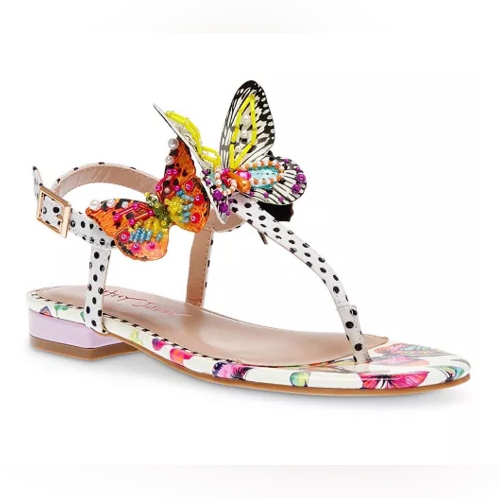 Betsey Johnson Dacie Butterfly T Strap Sandal White Polka Dot 7.5